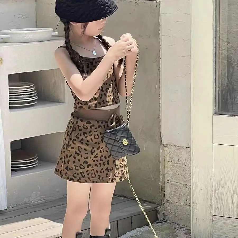 Girls Clothing Set Brown Leopard Print Fitted Cropped Vest & Strappy Mini Skirt Outfit Trendy Toddler Kids 2 Piece Kids Sets