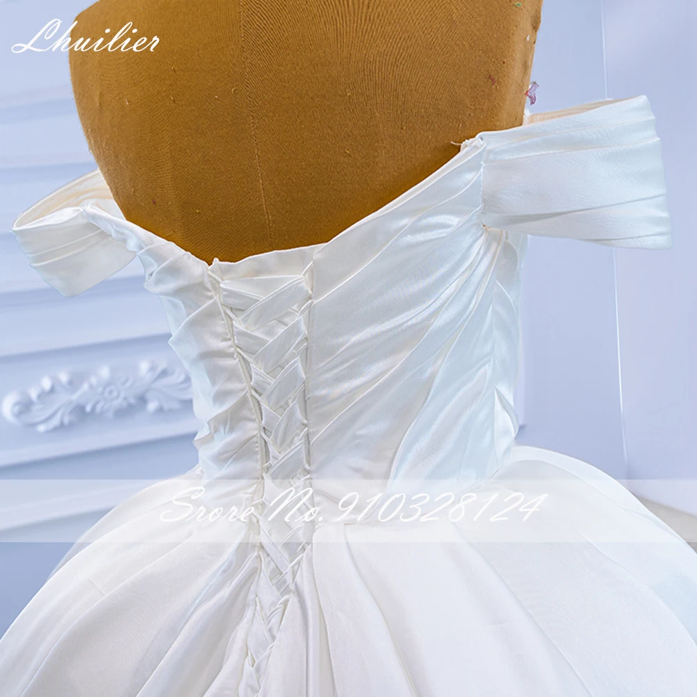 Lhuilier-vestido de novia personalizado con cuello barco, vestidos de novia de satén hasta el suelo, vestido de novia con cuentas de perlas y cola de corte