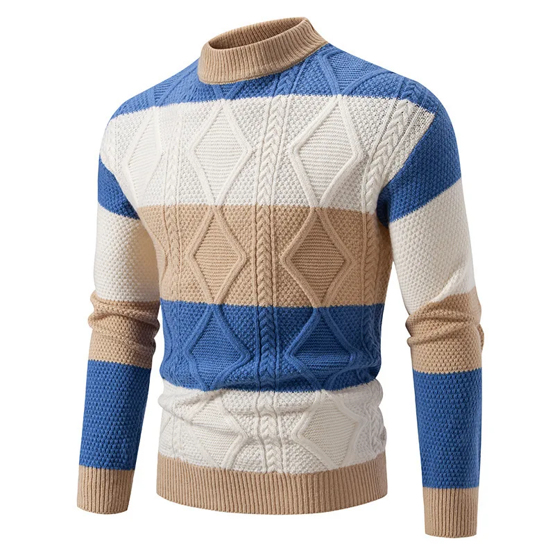 2025 Mens Autumn Winter New Fashion Trend Color Block Weaving Cotton Knitted Sweater Streetwear
