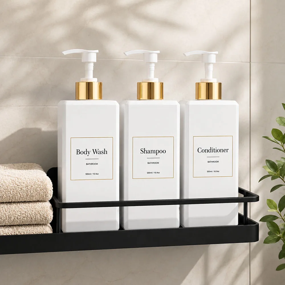 500ml/16.9oz Shampoo Dispenser Press Pump Bottle with Gold Waterproof Labels Bathroom Shampoo Conditioner Body Wash Bottles