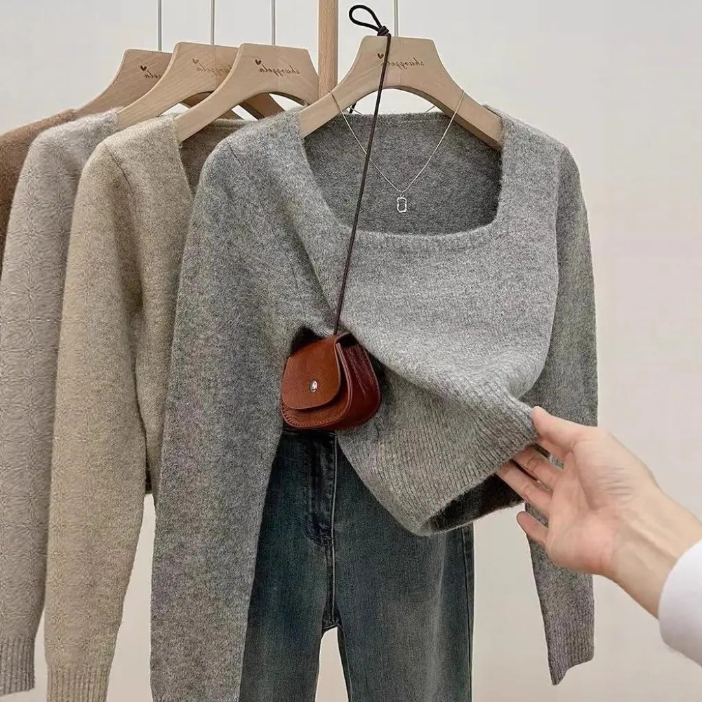 

Women's Square Neck Soft Waxy Knitted Bottoming Shirt Exposed Collarbone Pullover Sweater Inner Top for Autumn Winter Style