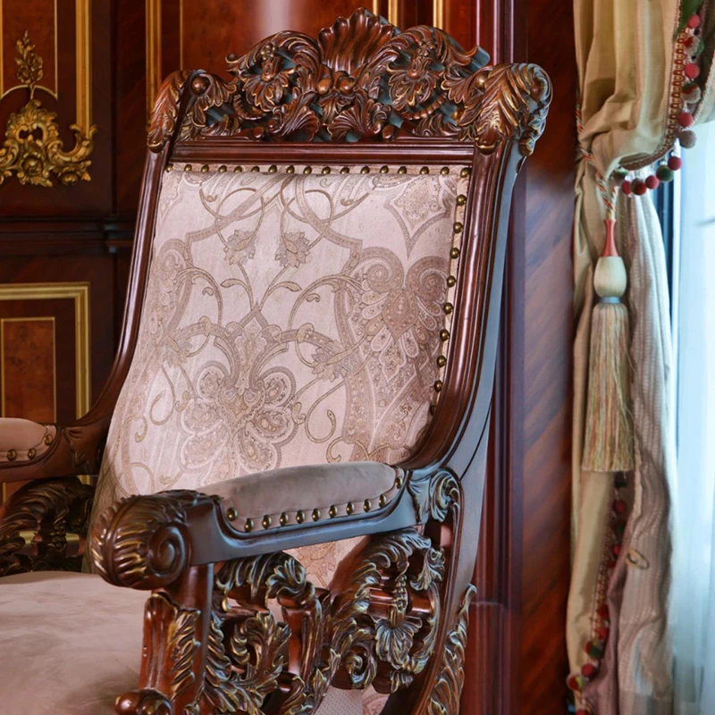 !@Italian Solid Wood Frame Hand Carving With Wood Color Painting Luxury Fabric Design Sofa Chair for Home Furniture Chair