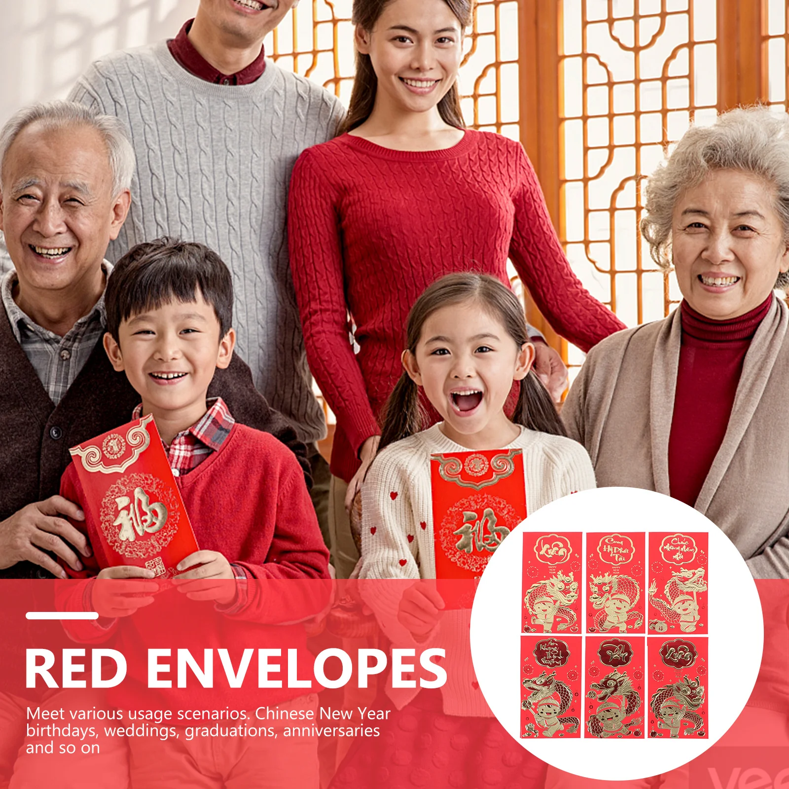 

6Pcs Red Envelopes Portable Year of Dragon Zodiac Money Pouches Lunar New Year Gifts Birthday Wedding Graduation Celebration