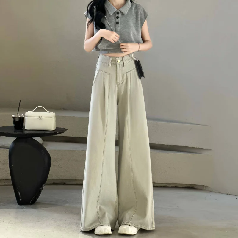 

Summer female retro gray straight jeans new Korean fashion Joker temperament wide-leg pants