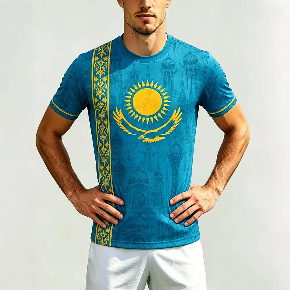 2026 New Kazakhstan Ethnic Style Printed Football T-shirt Men's Breathable Quick-drying Soccer Jersey Unisex Street O-neck Top