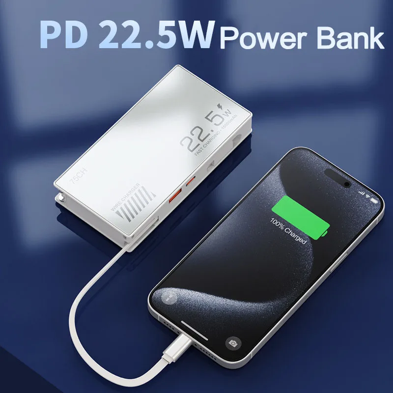 

Built-in Retractable TypeC Cable 22.5W Power Bank 10000mAh PD Fast Charging Powerbank Portable Charger for iPhone Xiaomi Samsung