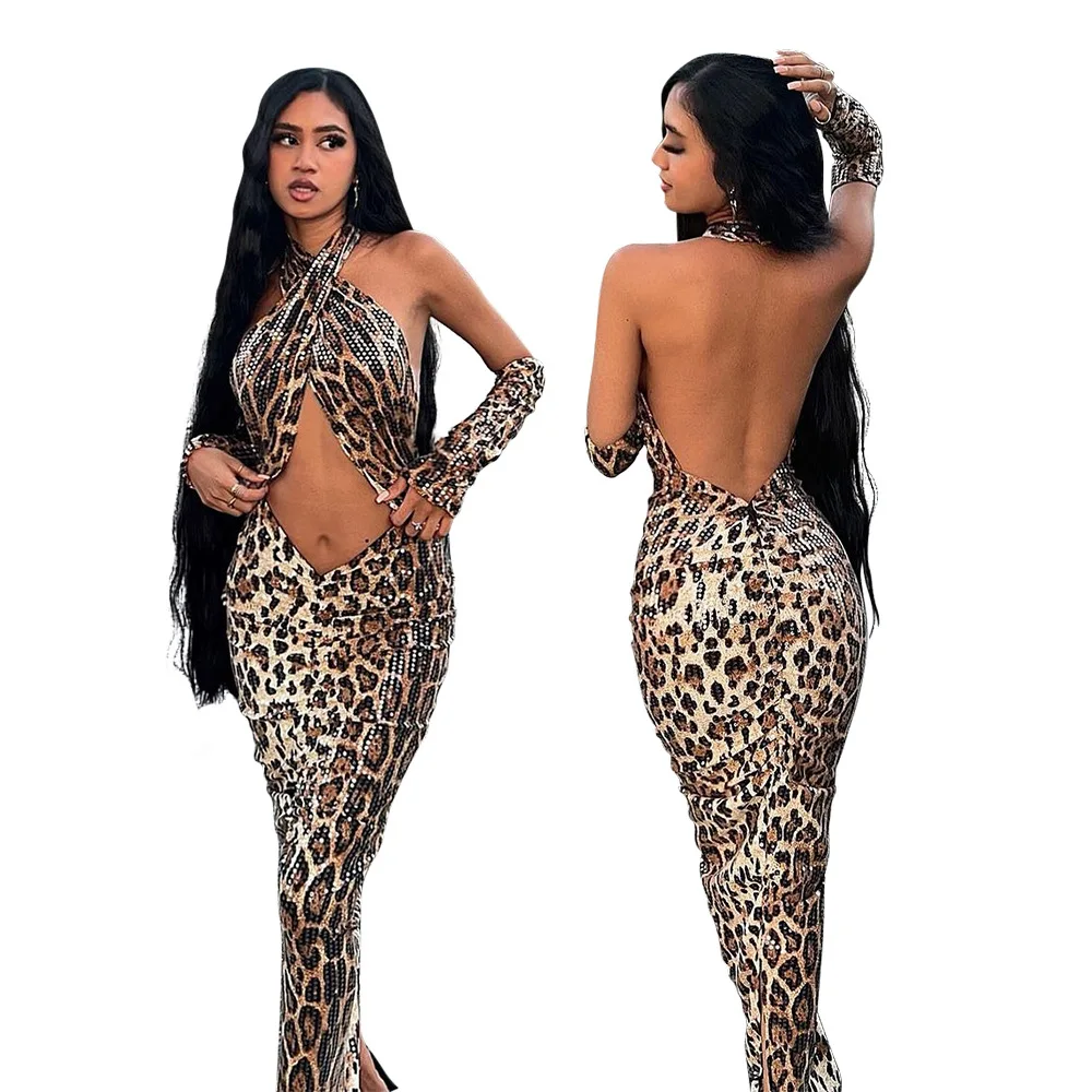 

EINY Sexy Sequin Club Party Maxi Dresses Women Fashion Leopard Print Halter Hollow Out Slim Sheath Bodycon Vestidos Robes Female