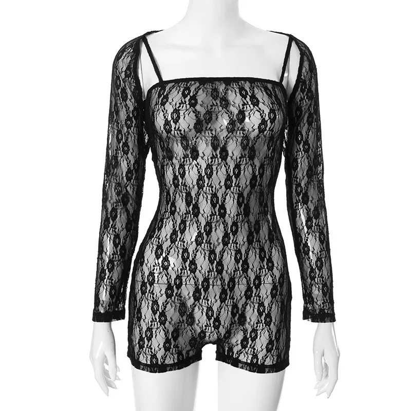 

Sexy Women Jumpsuit Shorts Clothing Summer 2025 New Fashionable Lace Hollow Out Long Sleeved Camisole Conjoined Body Half Pants