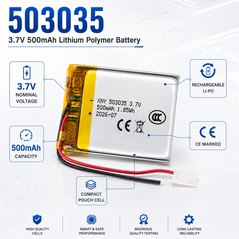 503035 LiPo Battery 3.7V 500mAh Rechargeable Lithium Polymer Replacement Battery for GPS MP3 DVD Small Electronics