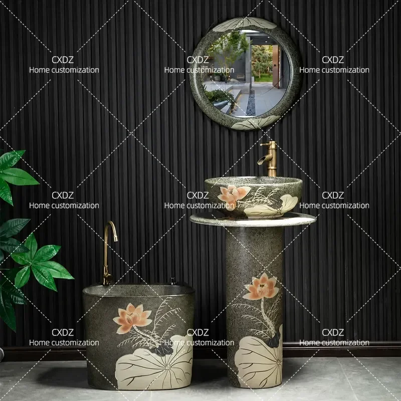 Outdoor Column Washbasin Floor to Ceiling Pedestal Sink for Courtyard Balcony Bathroom Integrated Mop Pool Basin