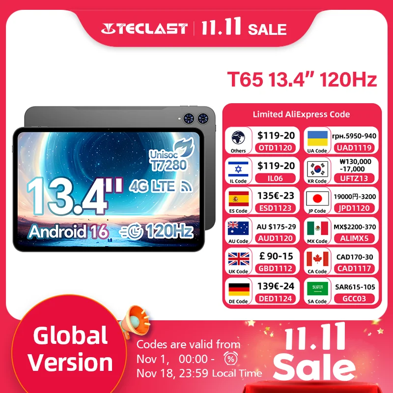 테클라스트 T65 13.4인치 TDDI 120Hz 안드로이드 16 태블릿 PC 최대 26GB 램 128GB 롬 유니소크 T7280 옥타코어 8000mAh 4G 듀얼심