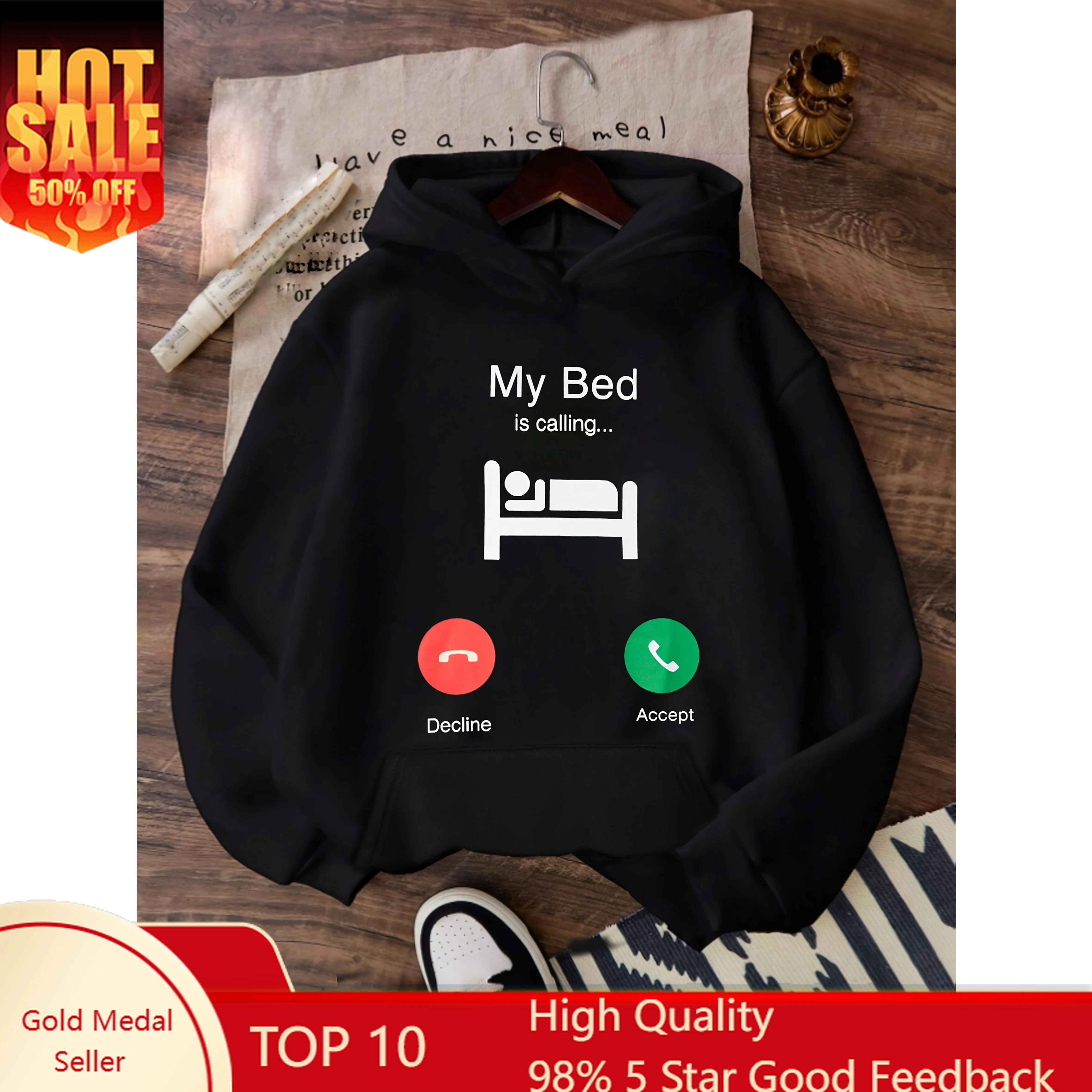 1 шт., женская повседневная толстовка из мягкого полиэстера с длинными рукавами и графикой «My Bed is Calling», карман-кенгуру, капюшон на шнурке, комфорт