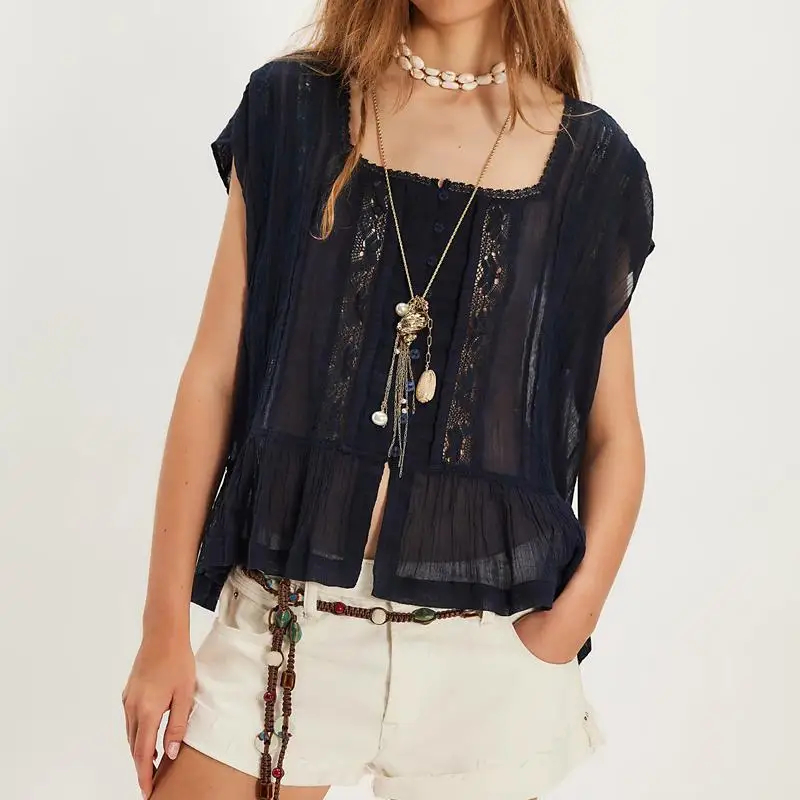 

Women Summer Chic Fairycore Short Sleeve Loose Casual Shirts Floral Lace Patchwork Button-up Square Neck Ruffle Hem Blouses Top