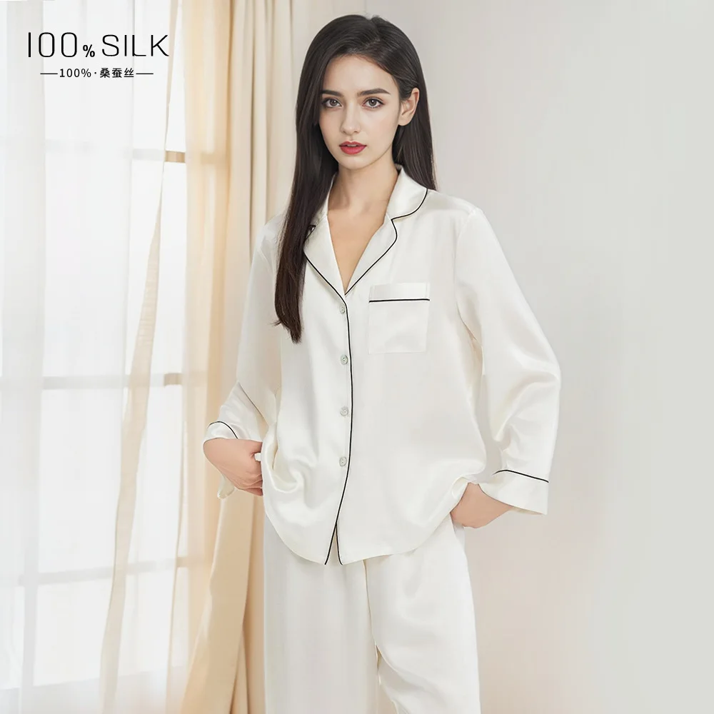 Women's 19 Momme Heavyweight Mulberry Silk Pajama Set 100% Silk Long Sleeve Pants Loungewear Wearable Outside Home Sleepwear Set