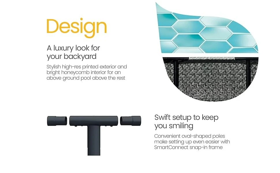 A zoomed in texture of the pool exterior and snap-in frame. Text Reads: Design.