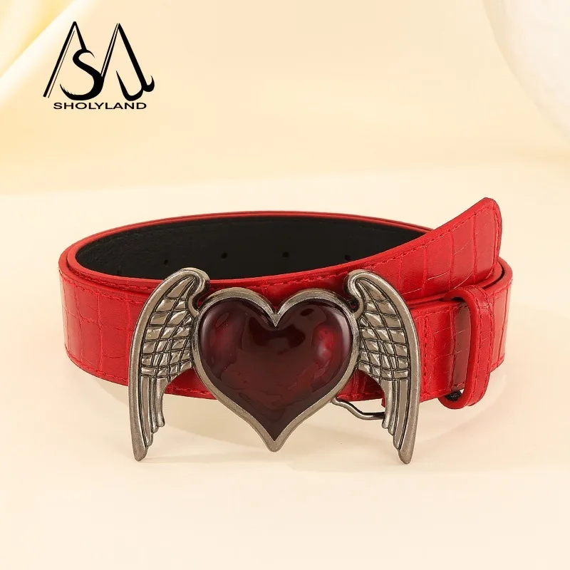 2025 New Practical Wine Red Hot Sell Love Wings Y2k Riveted Belt Belt Female Heart Cowboy Personality Retro Hip Hop