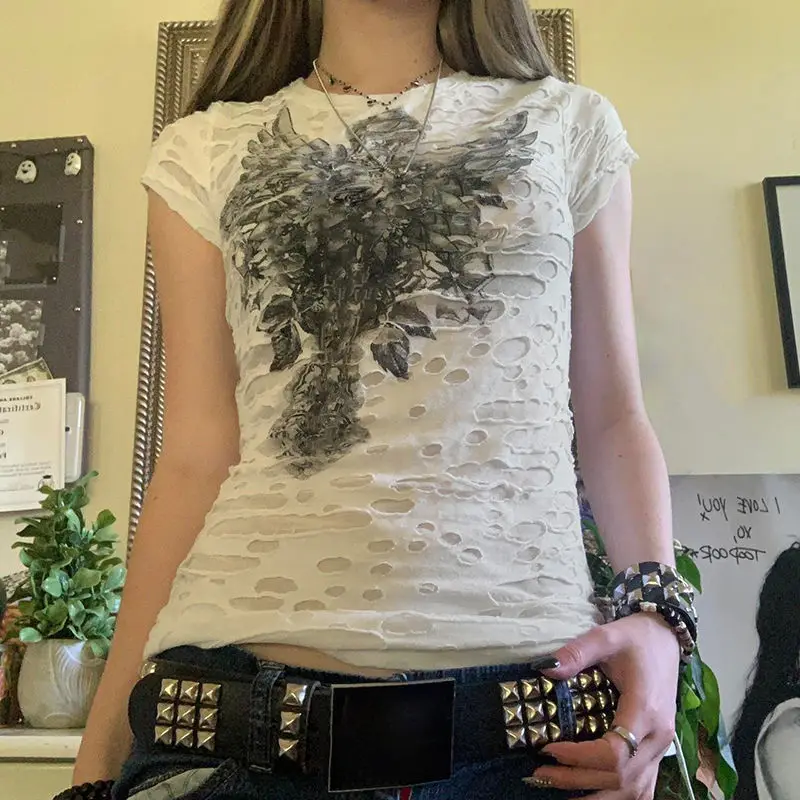 Aesthetic T-shirt Y2k Goth Harajuku Hole Vintage Punk Print 2000s Crop Top Sexy Chic Streetwear Tee Women Gyaru Rock Emo Fashion