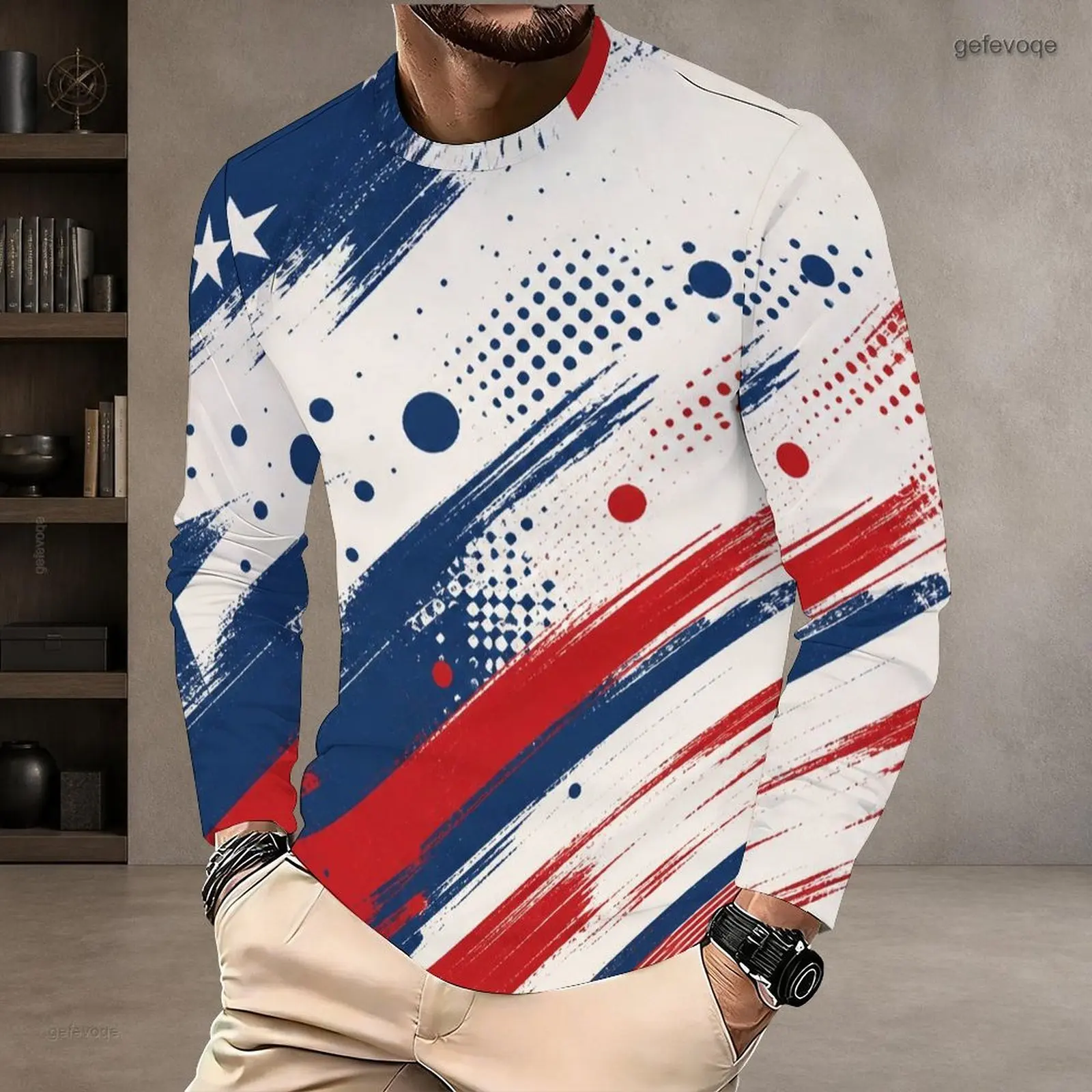 Men Printed Round Neck Long Sleeve T-Shirt, Red Blue White Star Radial Stripe Casual Pullover Top