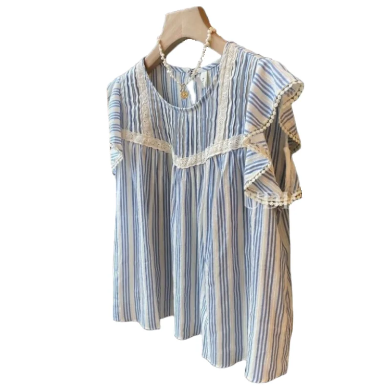 Summer Women Shirt 2024 New Gentle Style Striped Flying Sleeves Fashionable Shirt Temperament Loose Lace Splicing Tops