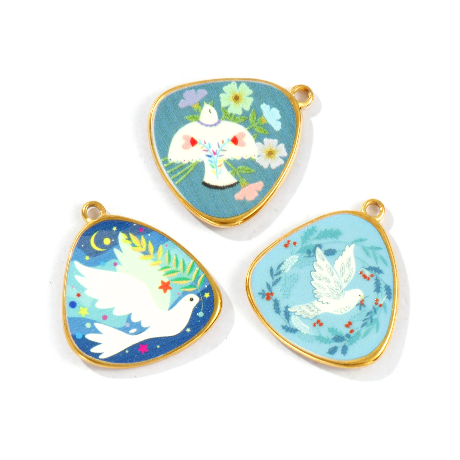 Doreen Box 2pcs Gold Plated Peace Dove Pattern Charms Triangular 304 Stainless Steel Pendant for Women Necklace DIY Accessories