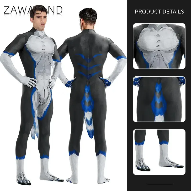 

Zawaland Wolf Petsuit Men Animal Cosplay Costume Fancy Carnival Zentai Bodysuit with Tail Crotch Zipper Jumpsuit Holiday Clothes