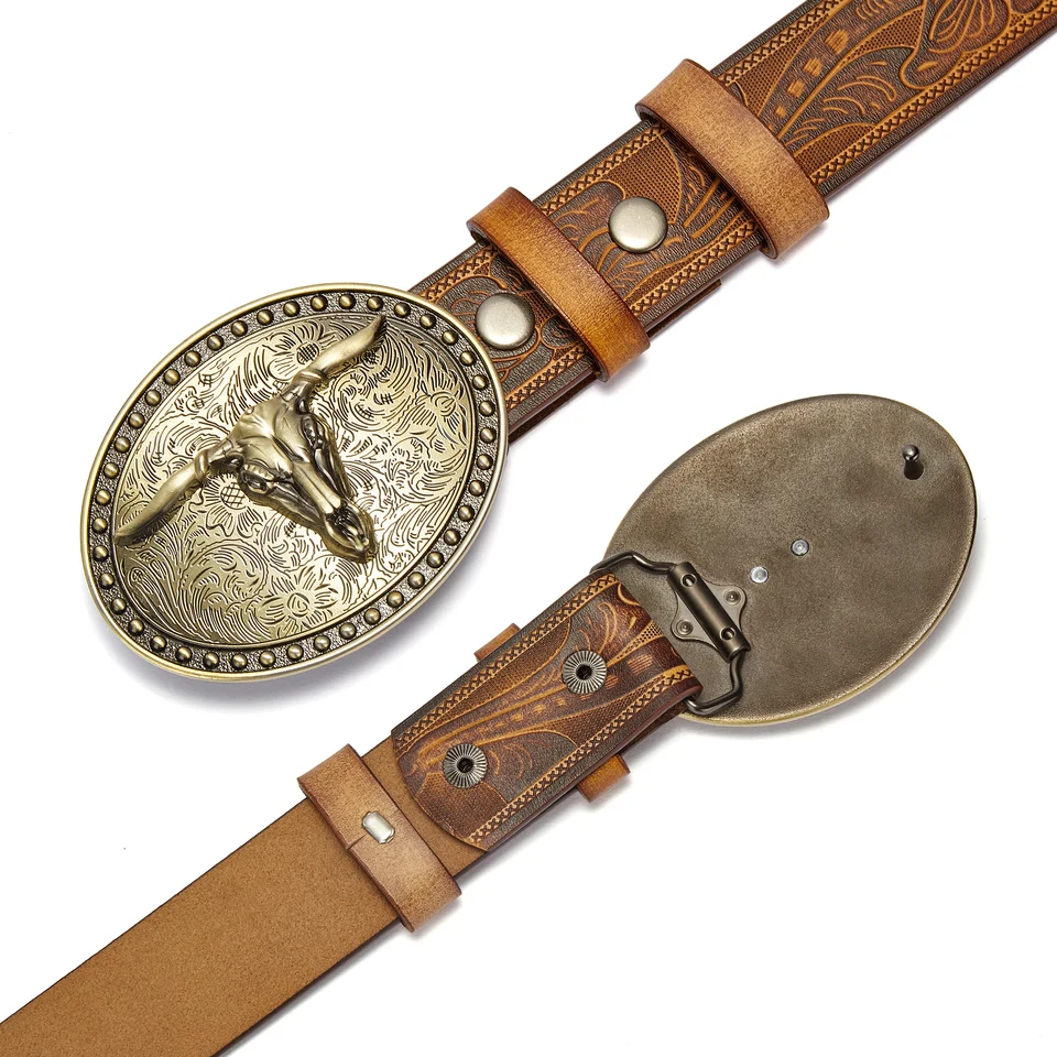 Men's Western Embossed Genuine Leather Belts with Golden Cowboy