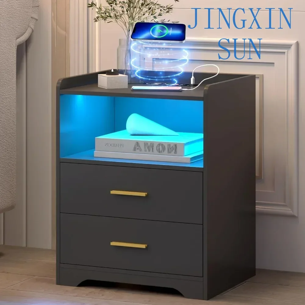 LED Nightstand with Charging Station, Nightstands with 24-Color RGB LED Lights, Smart Lighted Bedside Table with Drawers, Modern