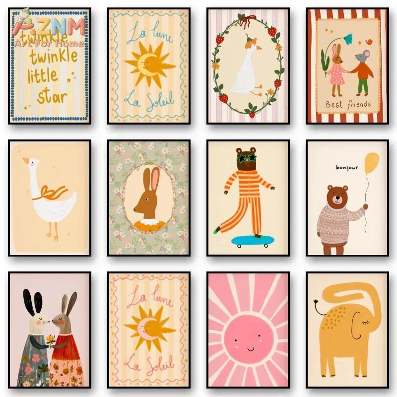 AZNM Cute Cartoon Animal Canvas Wall Art Positive Quote Rainbow Sun Nursery Kids Room Unframed Decor Print