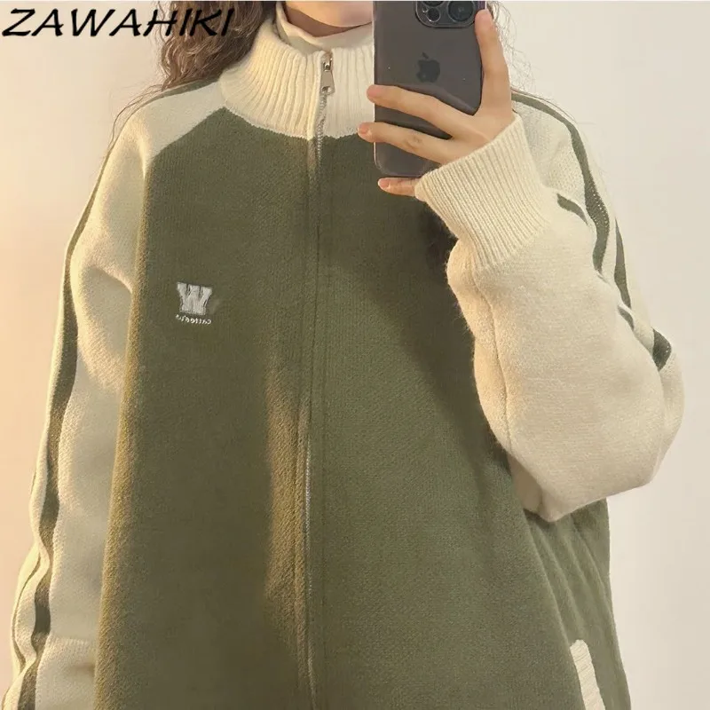 American High Street Vintage Loose Contrast Color Letter Knitted Cardigan Stand Collar Lovers Zipper Fashion Korean Chic Sweater