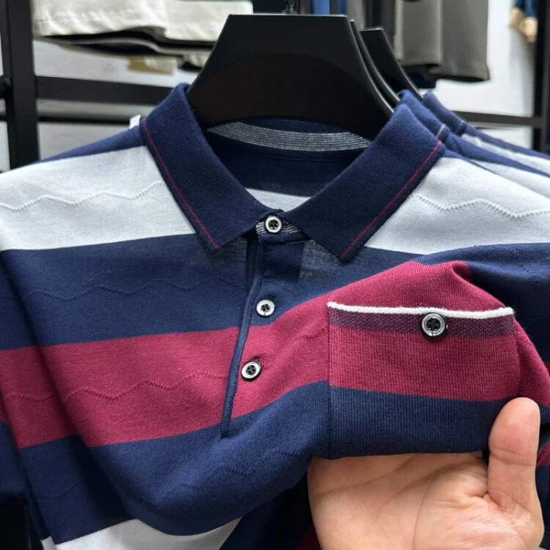 POLO de manga corta para hombre, camiseta a rayas informal y a la moda, novedad de verano