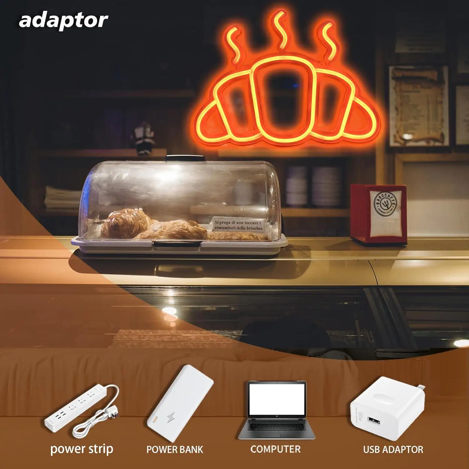 Croissant Neon Sign USB Powered Dimmable Bread Neon Lights for Kitchen Coffee Shop Bedroom Bakery Decorations Business Led Signs