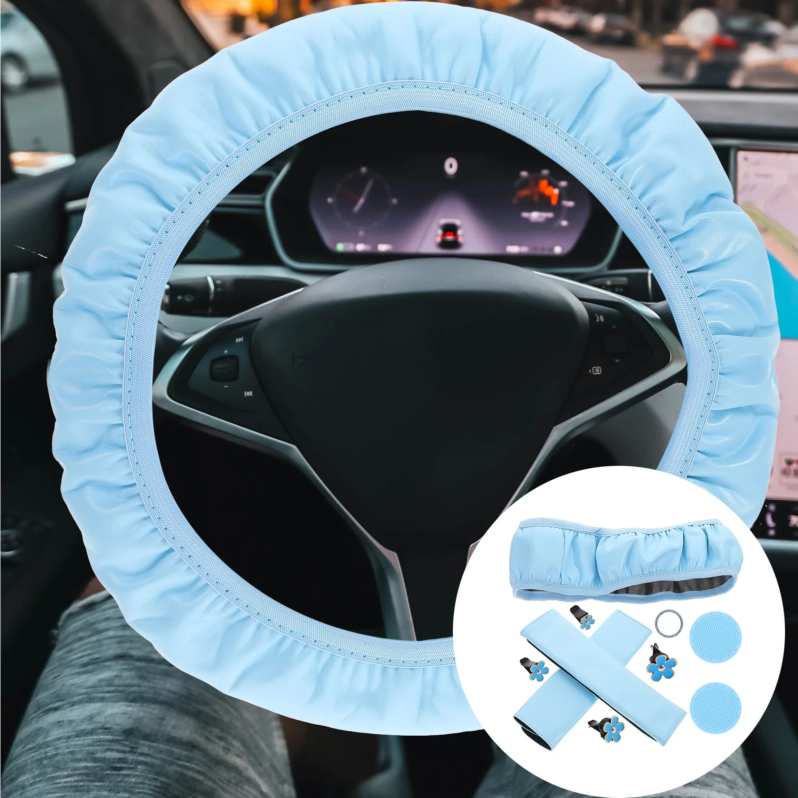 

1 set 1 Steering Wheel Cover Set For Women Includes Cushion Cup Coasters Air Vent Clips Ergonomic Design Aesthetic Car