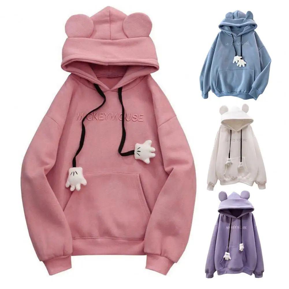 Winter Women Hoodie Ear Decor Thick Patch Pocket Loose Long Sleeves Pullover Warm Top Lolita Hooded Zip-up Casual Sweatshirts