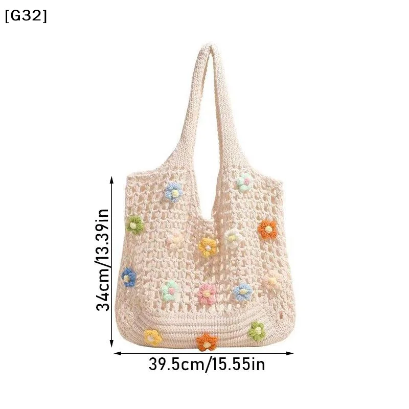 Women's Knitted Shoulder Bag Summer Flowers Handbag Ins Large Capacity Shopping Tote Bags Woven Hollow Mesh Beach Bags【G32】