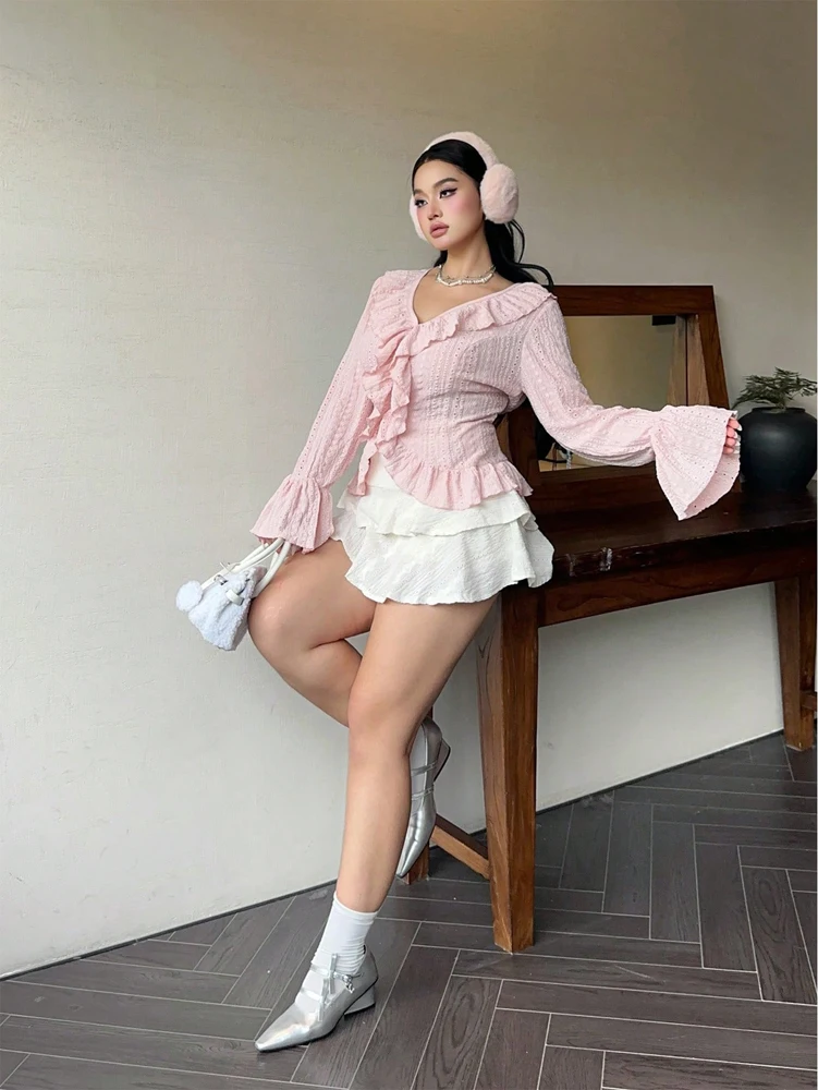 プラスサイズのレディースエレガントなフレンチフリルフレアスリーブ女性のブラウスピンク V ネックバブルスリーブ恋人