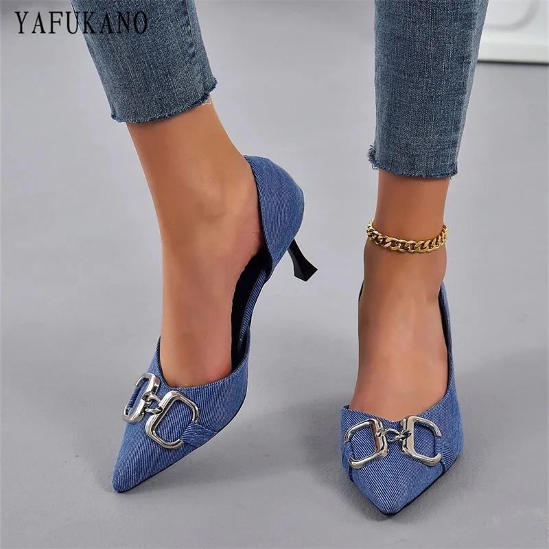 Metal Decor Point Toe Stiletto Denim Pumps Korean Style Fashion Side Empty High Heels French Slip-on Casual Single Shoes