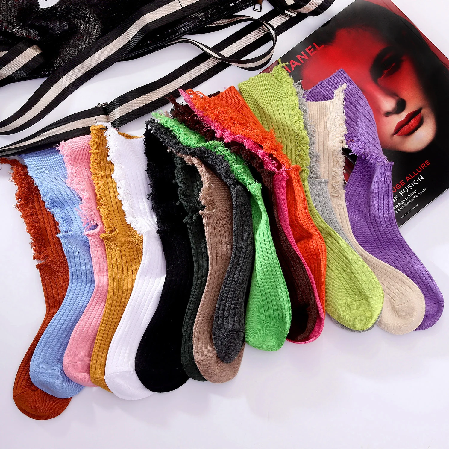 Punk Tattered Ripped Socks Gothic Hem Ribbed Female Broken Destroyed Socks Street Distressed Knit Footwear Beggar Socks