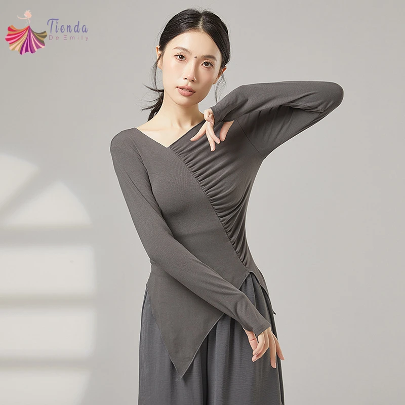 Modern Dance Top Women Long Thumb Finger Sleeve Shirt Chic Pleat Irregular Slit Hem Performance Line Practice Clothes Yoga Tops