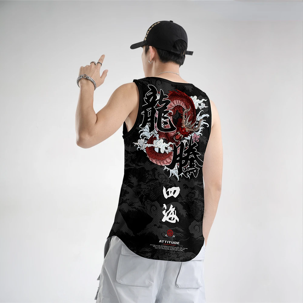 Chinese Style Dragon Soaring Four Seas Print Summer Beach Vest Men Mesh Top Bodybuilding Gym Muscle Fitness Sleeveless Tank Top