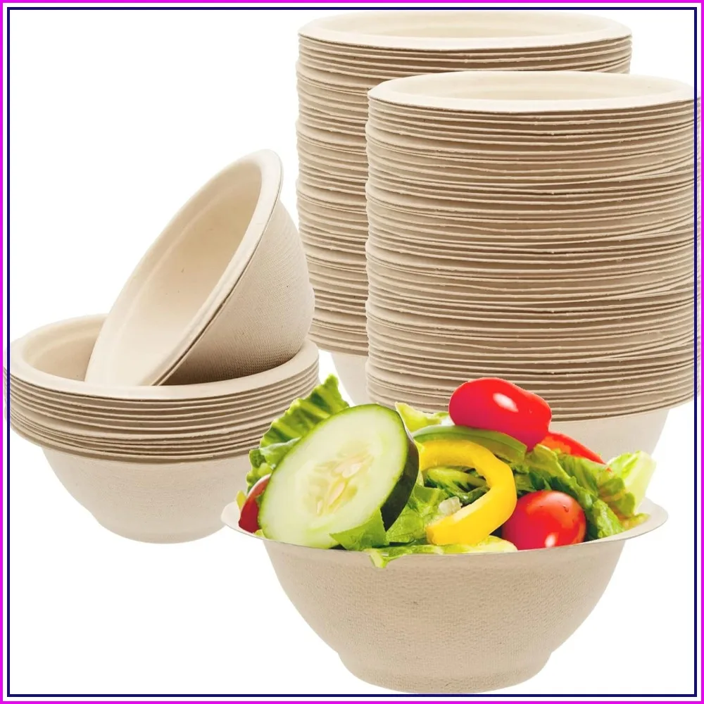 100 Pack 8oz Compostable Paper Bowls, Heavy-Duty Disposable Natural Bagasse Bowls, Eco-Friendly, Microwave Safe, for Soup, Salad, Ice Cream