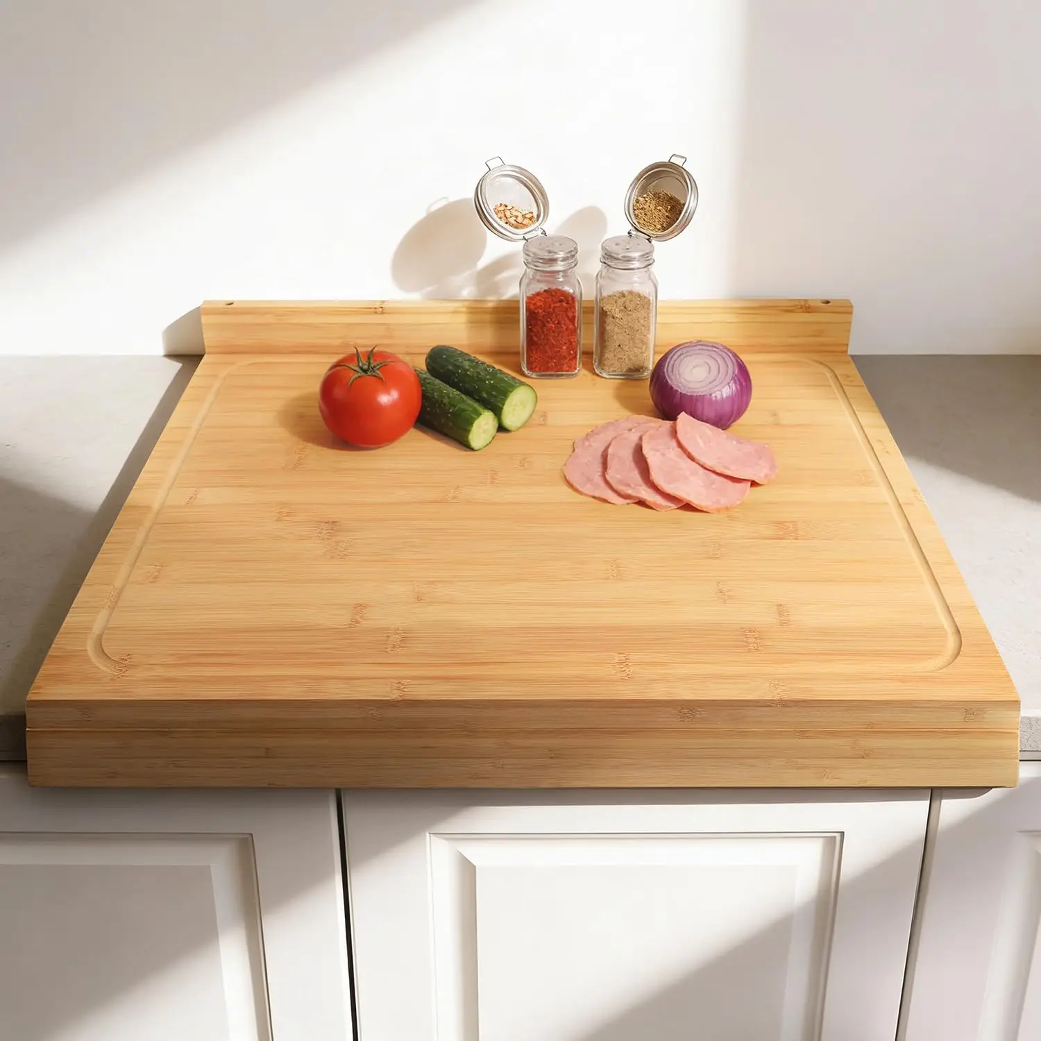 

24x18 Inch Extra Large Bamboo Cutting Board with D hable Front Lip & Backsplash - Reversible Over The Sink Board, Pasta