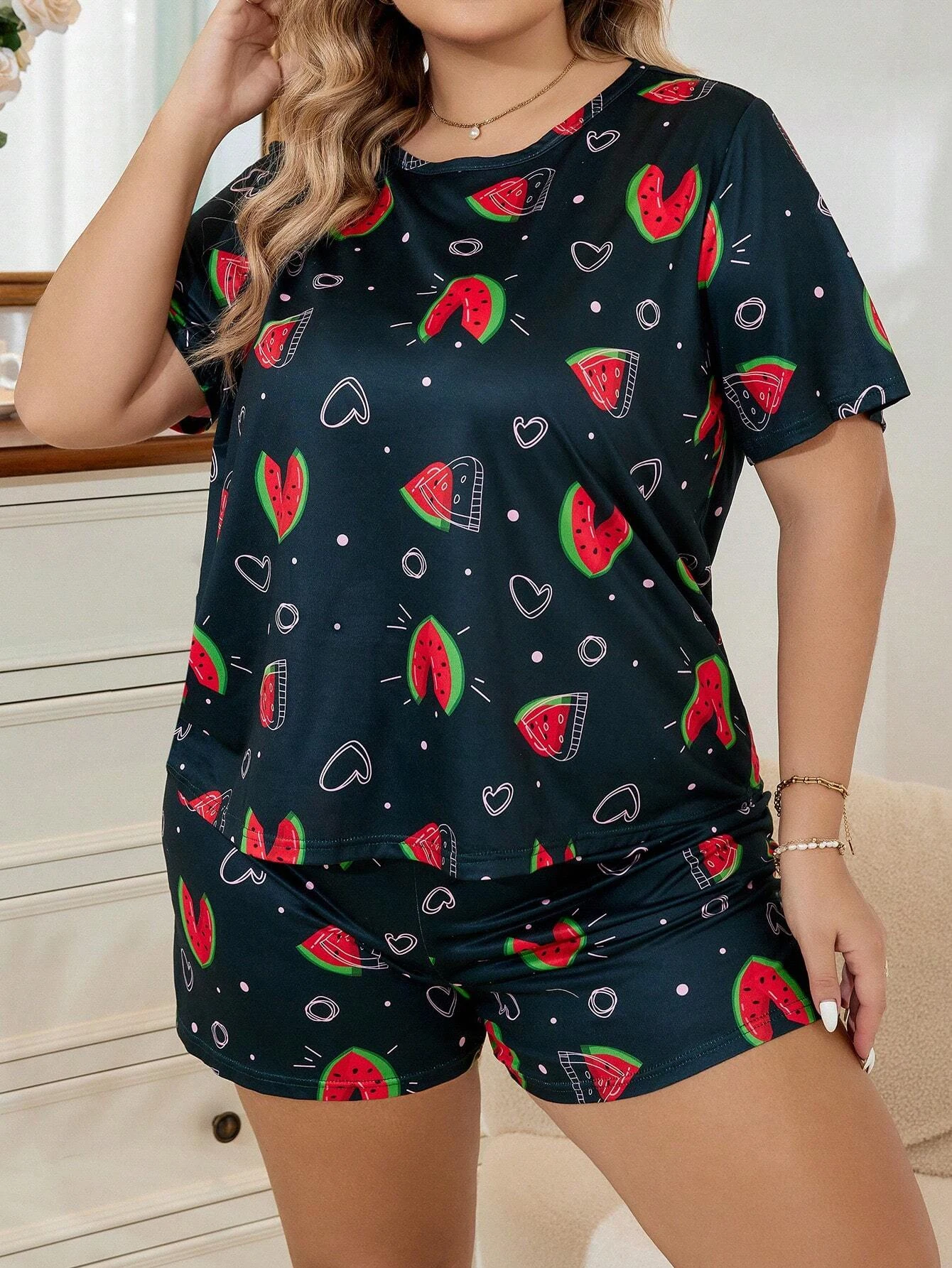 Summer casual watermelon printed short sleeved T-shirt&shorts oversized women\'s pajamas home clothing set