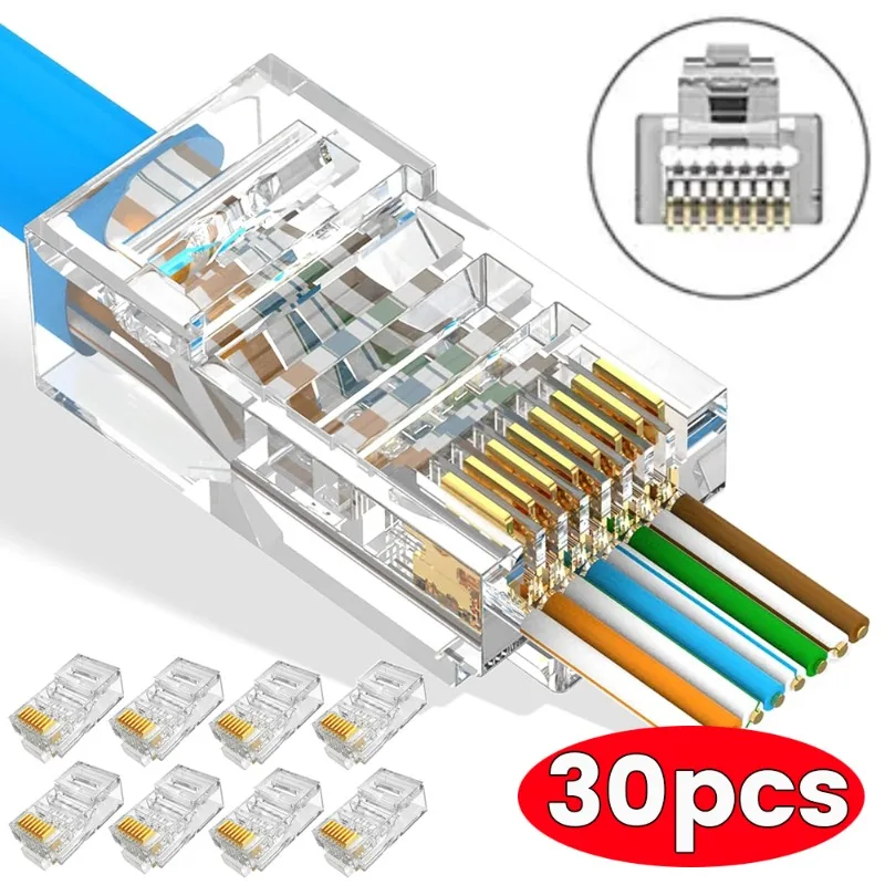 1/30Pcs CAT6 RJ45 Modular Plug Connector for Ethernet Cable Network PC Hardware Cables Adapters Unshielded Crystal Modular Plugs