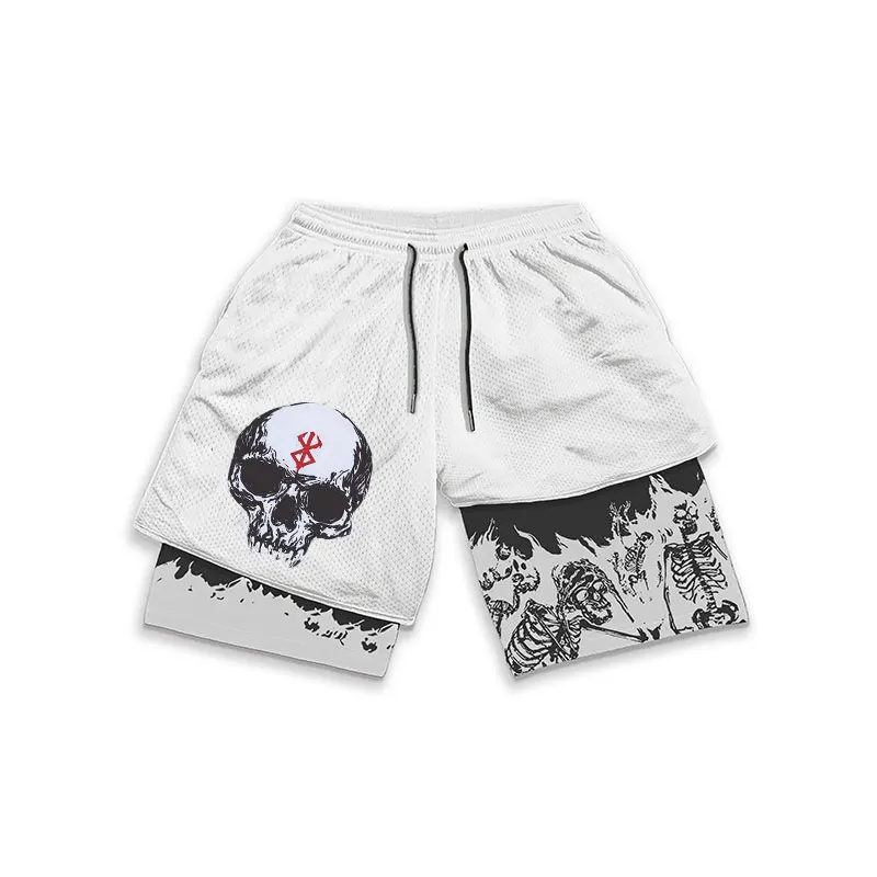 Anime Berserk  2 in 1 Performance Shorts Men Gym Fitness Y2K Skeleton Print Shorts Quick Dry Running Workout Summer Short Pants