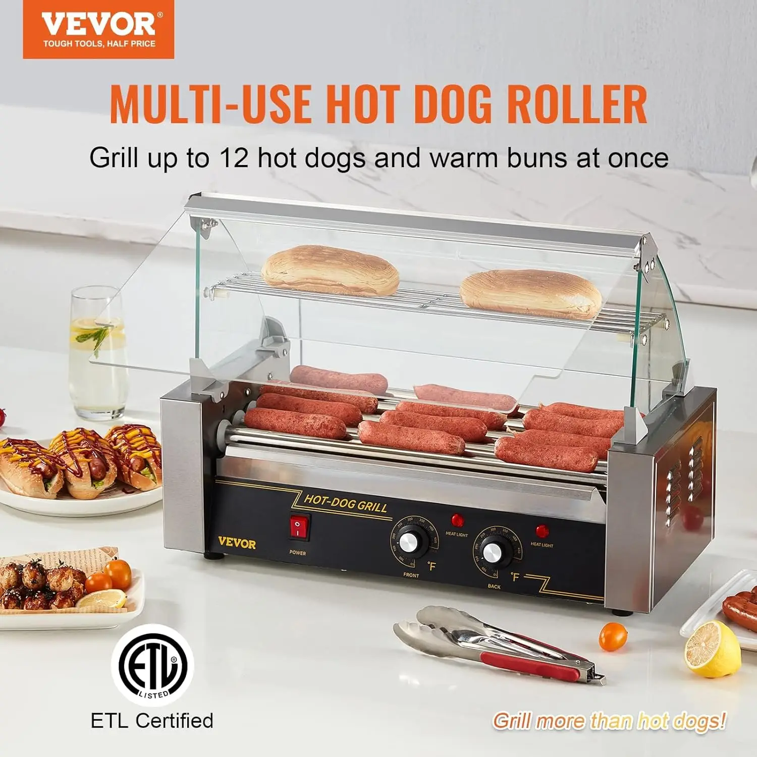 12 Hot Dog Capacity 5 Rollers, 750W Stainless Steel Cook Warmer Machine with Cover & Dual Temp Control, LED Light & Detachable