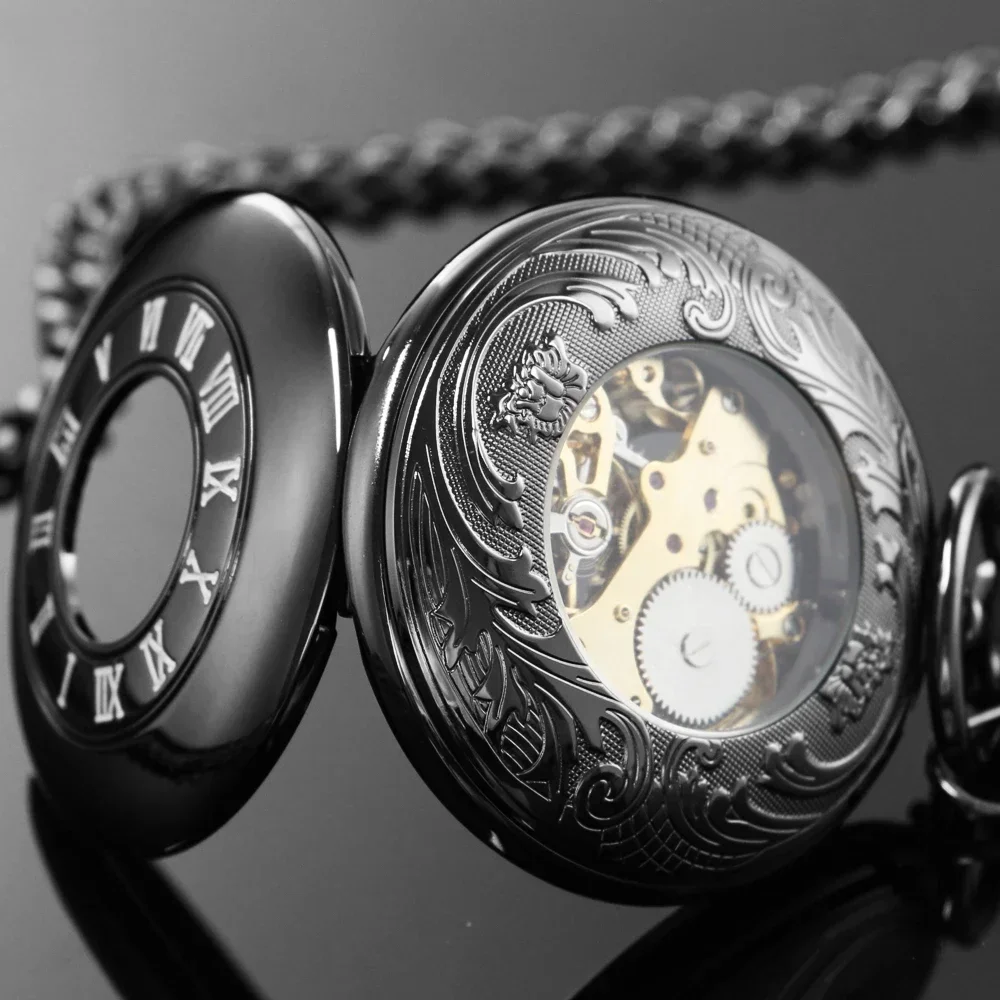 Hollow Luxury Black Classical Hand Wind Mechanical Pocket Watch Men Steampunk Vintage Dress Fob Watches Pendant with Chain