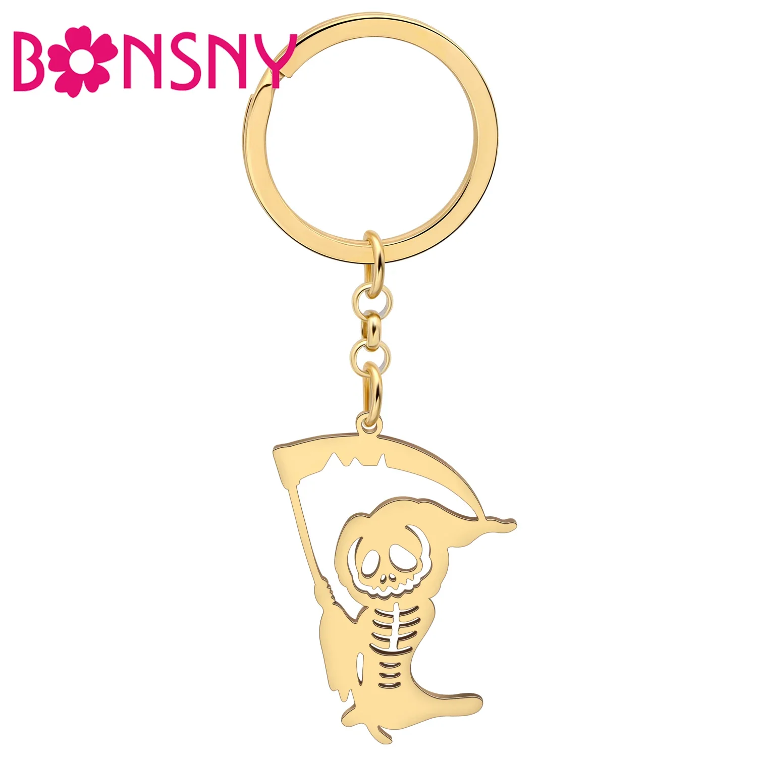 BONSNY Хэллоуин из нержавеющей стали с посеребренным черепом смерти жнец брелки сумка ключ от машины ювелирные изделия для женщин девочек друзья подарки