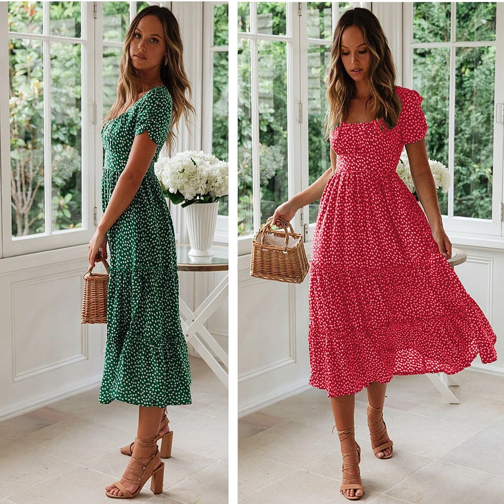Fashion Floral Square Neck Bubble Sleeve Dress Dresses Spring Summer Long Maxi Floral Print Smocked