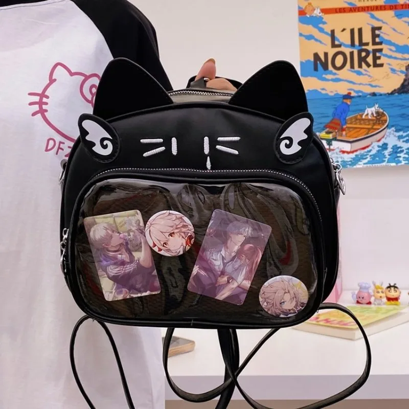 Y2K Bag Japanese Kawaii Cat Backpacks for Girls Sweet Cute Ear Design PU School Bag Popular Transparent Crossbody Bag Bolsa