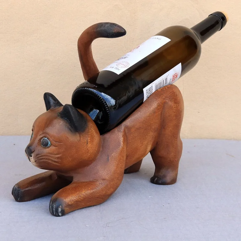 Thailand imported solid wood red wine rack South East Asia home hotel creative red wine rack, kitten ornament